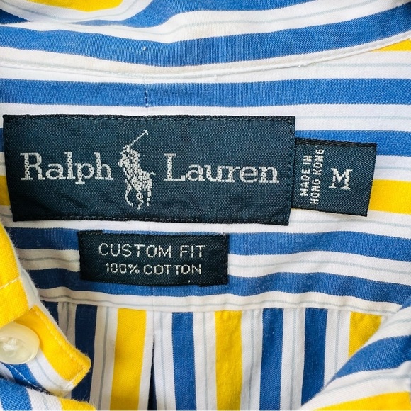 RALPH LAUREN VINTAGE HONG KONG NAVY YELLOW STRIPED BUTTON DOWN SHIRT SZ MEDIUM - Picture 3 of 5